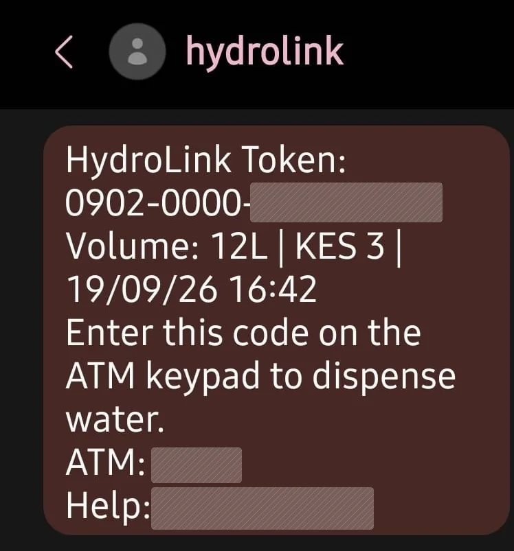 A Hydrolink token SMS: the token code with the last digits hidden, a volume of 12 litres for KES 3, and the instruction to enter the code on the ATM keypad
